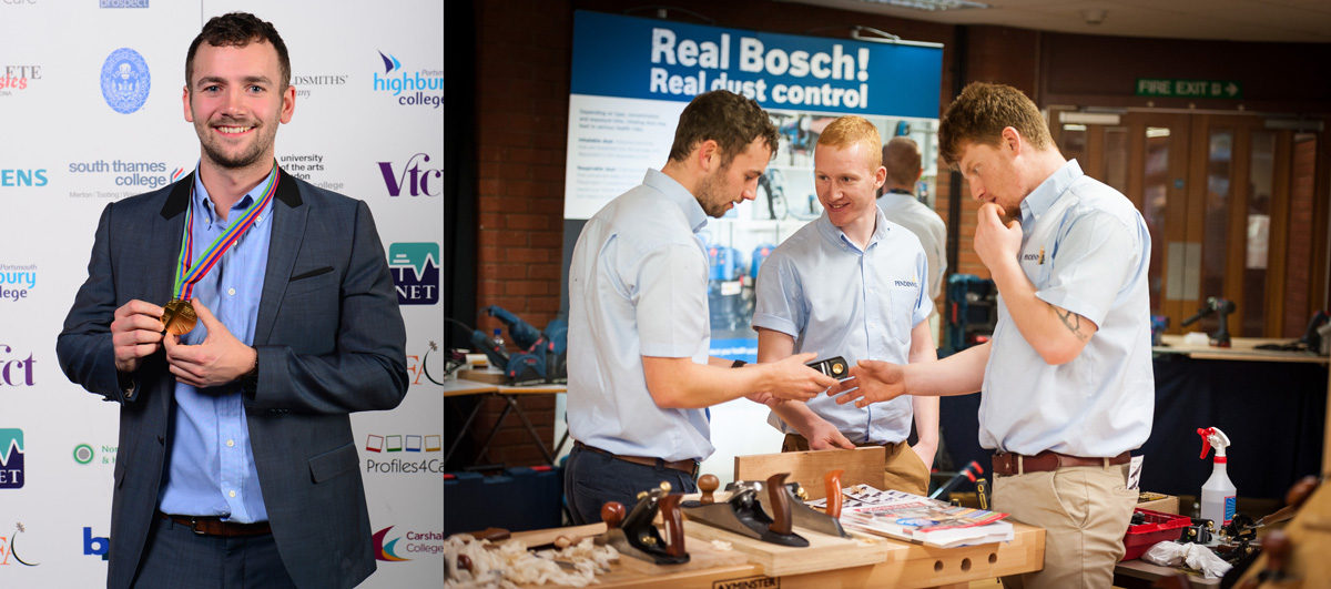 Left: Adam takes gold at the Skills Show. Right: Adam and other Pendennis apprentices at the Discover Axminster event. 