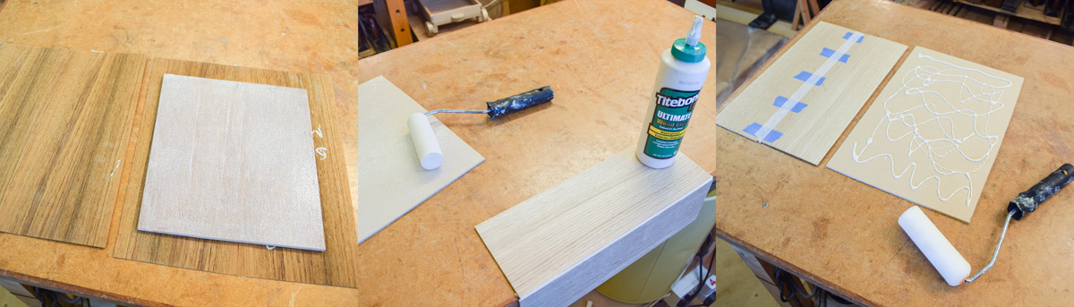 Left: applying glue to substrate, commercial veneer. Centre: applying glue to the join line, bandsawn veneer. Right: applying glue with a roller, bandsawn veneer.