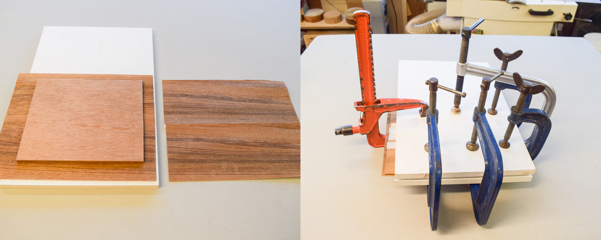 Left: boards and veneer. Right: boards clamped.