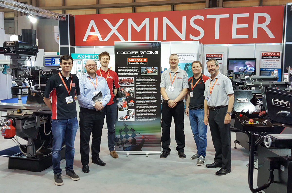 Axminster Business Services team with students from Cardiff University’s Cardiff Racing team. L to R: Ben Chappell, Mark O’Halloran, Tom Murray, Antony Jempson, Lee Trehern & Mark Vincent.
