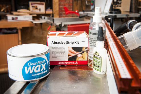 Products used being displayed, including Abrasive strip kit, Clear wax, Titebond instant glue. Camellia oil