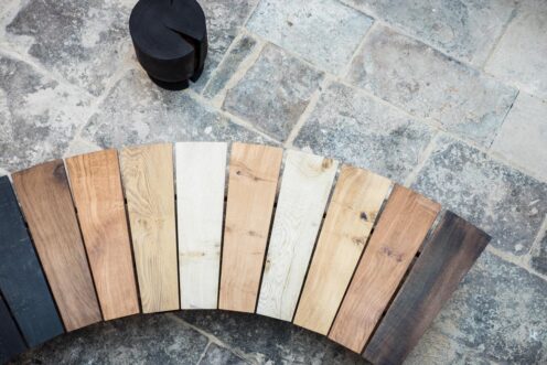 Aerial shot of wooden bench and stool